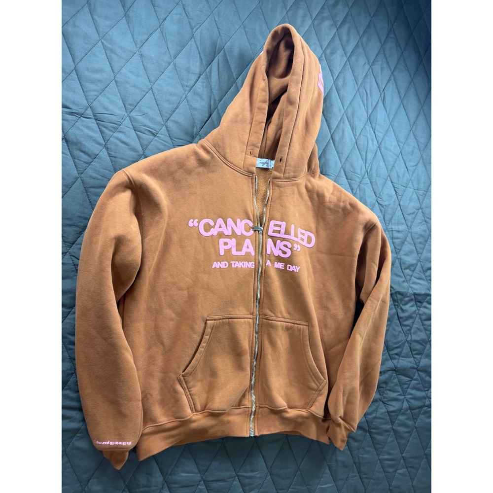 The Mayfair Group Cancelled Plans Zip Up Hoodie Brown Pink Puff Print L/XL - Picture 2 of 14